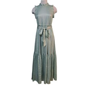 Marie Oliver Alice Tiered Silk Belted Feminine Boho Flowy Maxi Dress Small Mist
